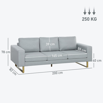 3-Sitzer-Sofa, Couch mit Massivholzrahmen, Metallbeinen, schlichtem Design, hellgrau