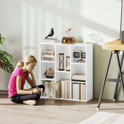 Bücherregal mit 3 Ebenen, 8 Fächer, weiße Spanplatte