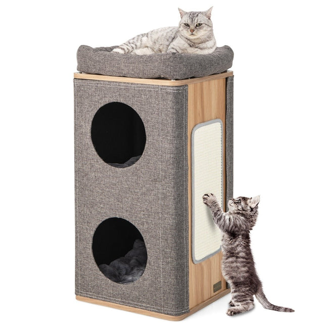Grotte pour chat à 3 niveaux avec griffoir et 3 tapis de jeu pour chats jusqu'à 20 kg gris + naturel