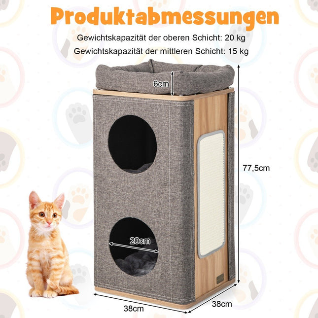 Grotte pour chat à 3 niveaux avec griffoir et 3 tapis de jeu pour chats jusqu'à 20 kg gris + naturel