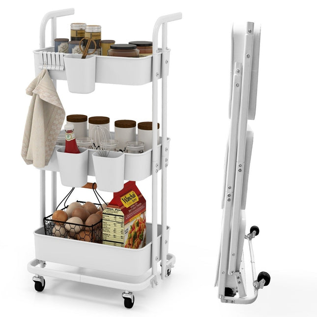 Chariot de service mobile pliable à 3 niveaux sur roulettes, chariot de cuisine en métal avec poignée, blanc