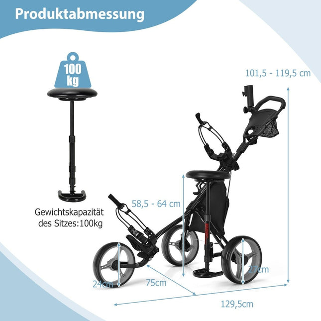 Chariot de golf à 3 roues en aluminium avec porte-parapluie et siège chariot de golf pliable caddy de golf gris
