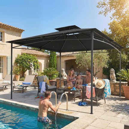Pavillon de jardin 3 x 3 m, résistant à l'eau, double toit, gris foncé