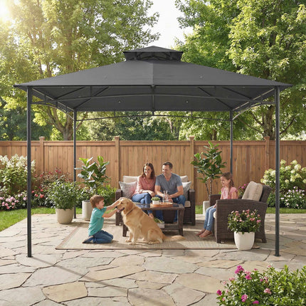 Pavillon de jardin 3 x 3 m, résistant à l'eau, double toit, gris foncé