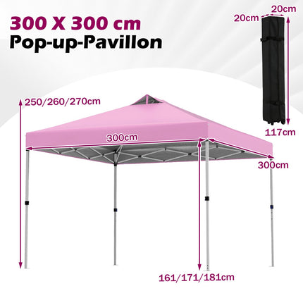 Pavillon pliable rose de 3 x 3 m avec sacs de sable et piquets