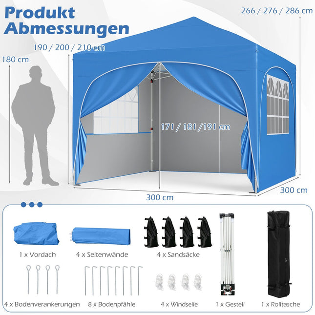 3x3 m Pop-Up Faltzelt, 4 abnehmbare Seitenwände, Blau