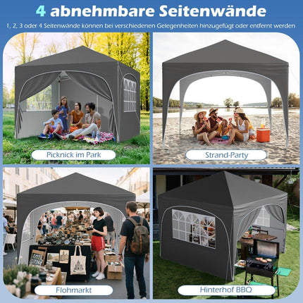 3x3 m Pop-Up Pavillon mit 4 abnehmbaren Seitenwänden, Grau