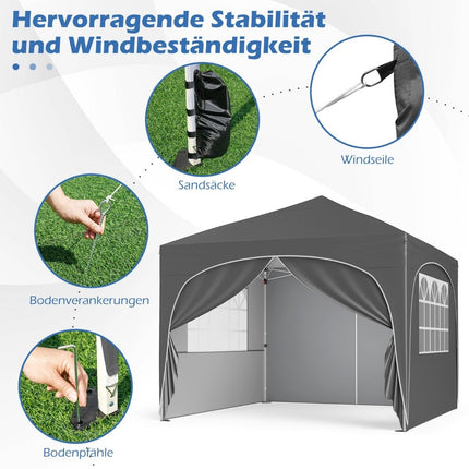 3x3 m Pop-Up Pavillon mit 4 abnehmbaren Seitenwänden, Grau