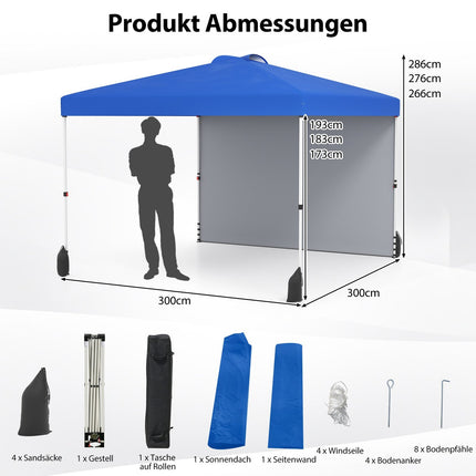 Pavillon pop-up 3 x 3 m avec paroi latérale, portable, bleu
