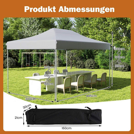3 x 4,5 m Faltpavillon mit Rollen und Seilen, höhenverstellbar