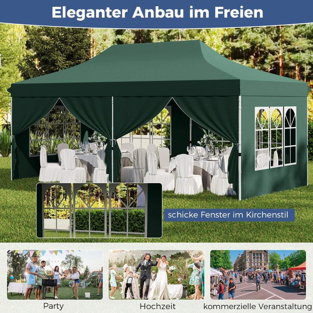 3x6m grünes Pop-Up Pavillonzelt mit 6 abnehmbaren Seitenwänden
