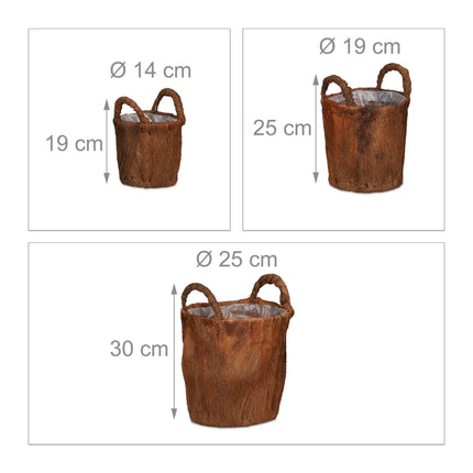 3x pots de fleurs en feuilles de cocotier