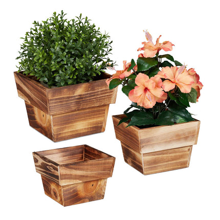 3x pots de fleurs carrés en bois