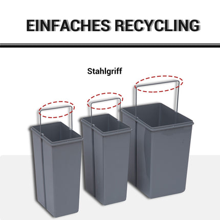 Poubelle à encastrer 40 L, meuble bas, poubelle extractible avec 3 compartiments amovibles 1 x 20 & 2 x 10 L, pour armoires à partir de 400 mm de large, pour cuisine, gris
