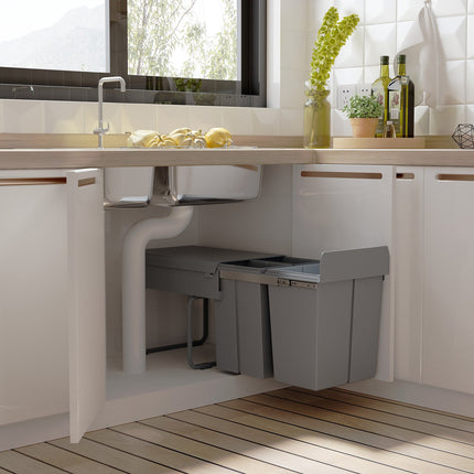 Poubelle à encastrer 40 L, meuble bas, poubelle extractible avec 3 compartiments amovibles 1 x 20 & 2 x 10 L, pour armoires à partir de 400 mm de large, pour cuisine, gris