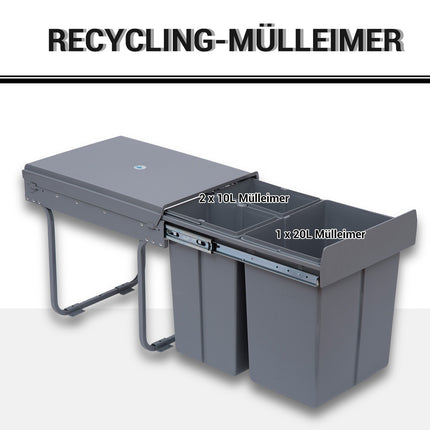 Poubelle à encastrer 40 L, meuble bas, poubelle extractible avec 3 compartiments amovibles 1 x 20 & 2 x 10 L, pour armoires à partir de 400 mm de large, pour cuisine, gris
