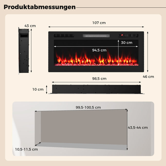 Cheminée électrique 42 pouces, 750 W/1500 W, Wi-Fi, télécommande