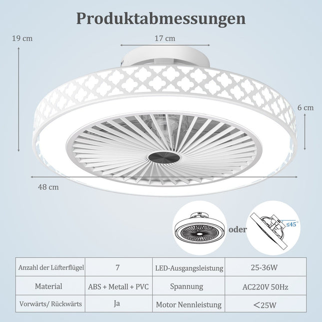 Ventilateur de plafond 48 cm avec lumière et télécommande, réversible, moteur CC silencieux