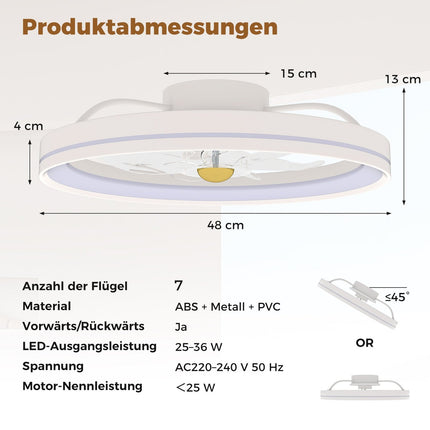 Ventilateur de plafond 48 cm avec lumière, réversible, LED à intensité variable