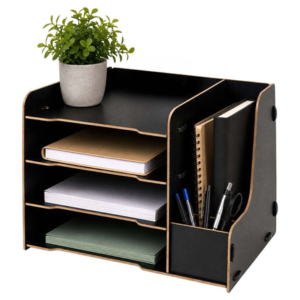 Organiseur de bureau en MDF à 4 compartiments, finition effet bois