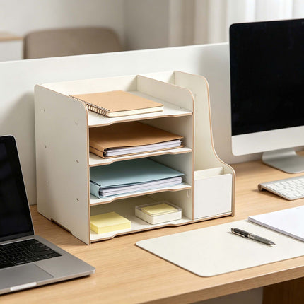 Organiseur de bureau en MDF à 4 compartiments, finition effet bois