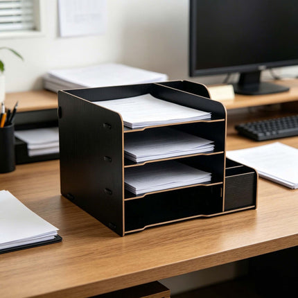 Organiseur de bureau en MDF à 4 compartiments, finition effet bois