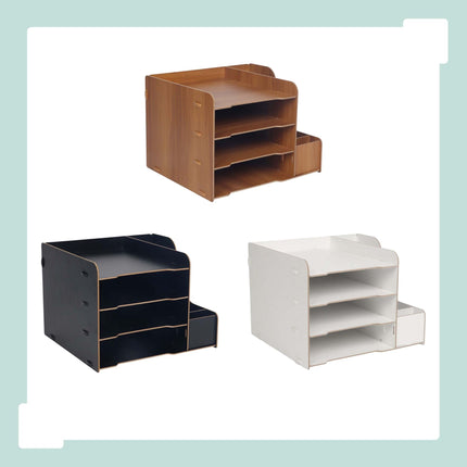 Organiseur de bureau en MDF à 4 compartiments, finition effet bois