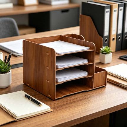 Organiseur de bureau en MDF à 4 compartiments, finition effet bois