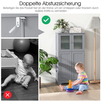 4-türiger Badezimmerschrank mit Glastüren und verstellbarem Regal, Küchenschrank, Grau
