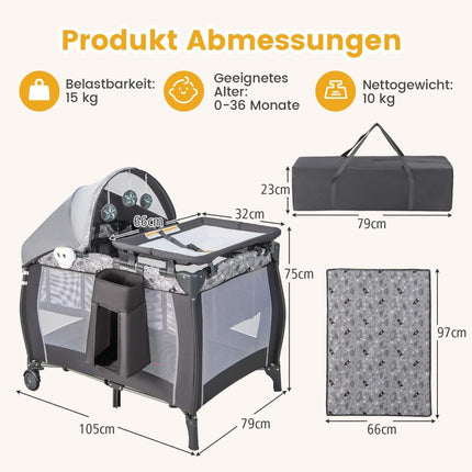 Lit bébé 4 en 1, lit d'appoint portable, lit de voyage avec matelas pliable et table à langer, gris clair