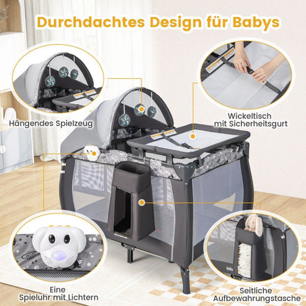 Lit bébé 4 en 1, lit d'appoint portable, lit de voyage avec matelas pliable et table à langer, gris clair