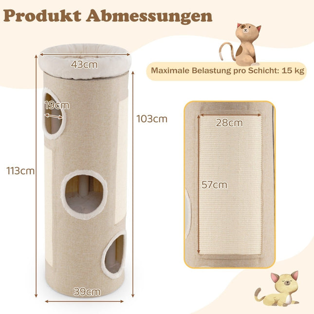 4-stöckiger Katzenbaum mit 3 Höhlen & 2 Sisal-Kratzbrettern