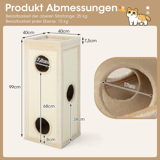 4-stöckiger Katzenbaum mit 3 Verstecken & Kissen, Natur