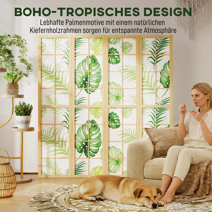 4-teiliger Paravent, Boho Palmen-Design, Grün