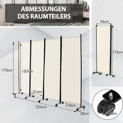 4-teiliger Paravent mit Rollen, 173 cm hoch, Beige