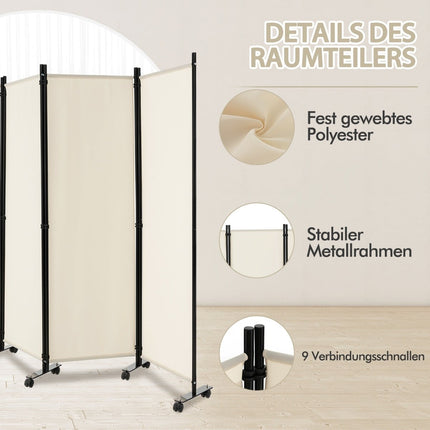 4-teiliger Paravent mit Rollen, 173 cm hoch, Beige