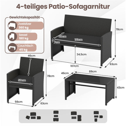 Ensemble de canapé de jardin 4 pièces en rotin noir avec table en verre