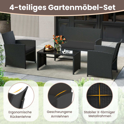 Ensemble de canapé de jardin 4 pièces en rotin noir avec table en verre
