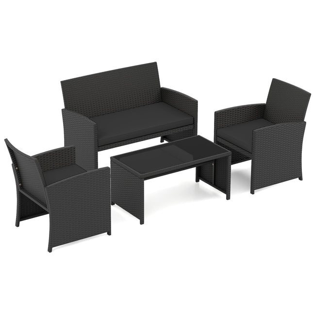 4-teiliges Loungeset aus schwarzem Polyrattan mit Glastisch