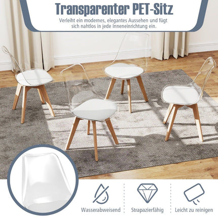 Ensemble de 4 chaises de salle à manger transparentes avec pieds en bois massif
