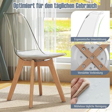 Ensemble de 4 chaises de salle à manger transparentes avec pieds en bois massif