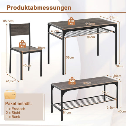 Ensemble de salle à manger 4 pièces comprenant une table, 2 chaises et un banc, gris