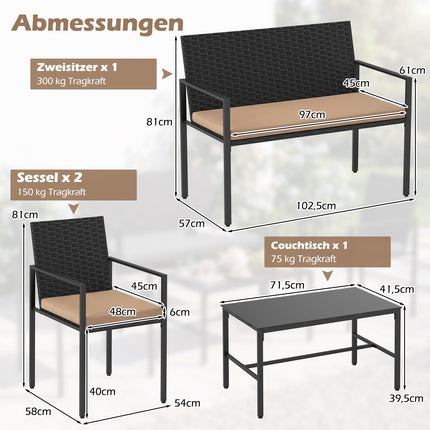 Ensemble de mobilier de jardin en rotin 4 pièces avec table en verre