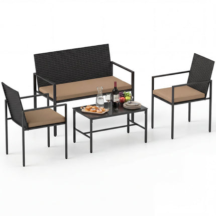 Ensemble de mobilier de jardin en rotin 4 pièces avec table en verre