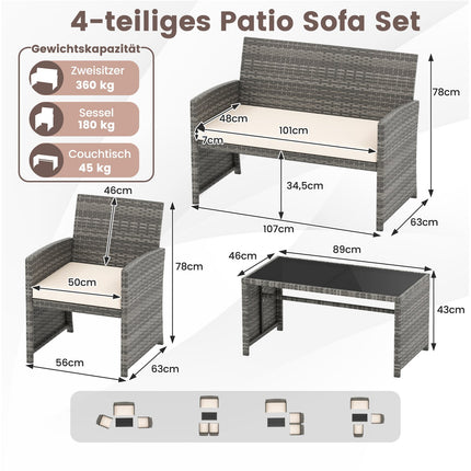 Ensemble de mobilier de patio 4 pièces avec chaises et table en rotin
