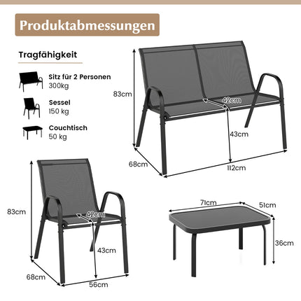 4-teiliges Terrassenset – Metallrahmen, Stoffsitze, Glastisch