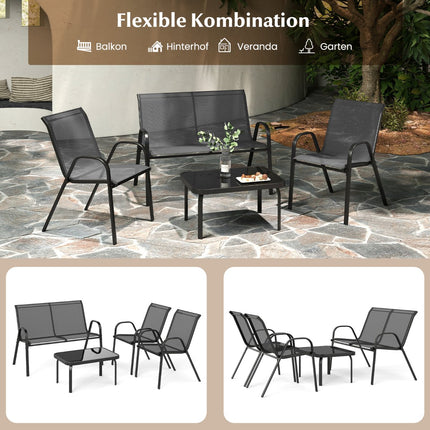 4-teiliges Terrassenset – Metallrahmen, Stoffsitze, Glastisch