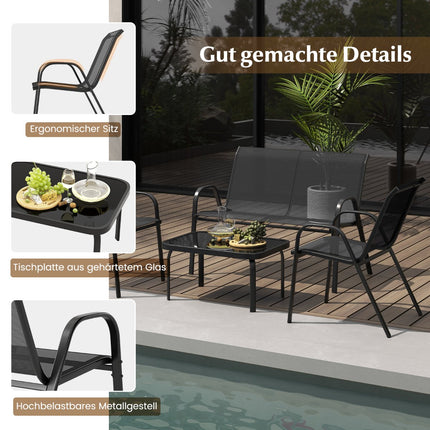 4-teiliges Terrassenset – Metallrahmen, Stoffsitze, Glastisch