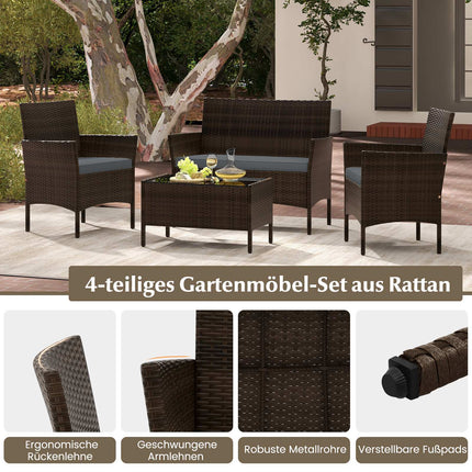 Ensemble de jardin 4 pièces en rotin avec coussins et table, gris