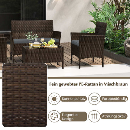Ensemble de jardin 4 pièces en rotin avec coussins et table, gris